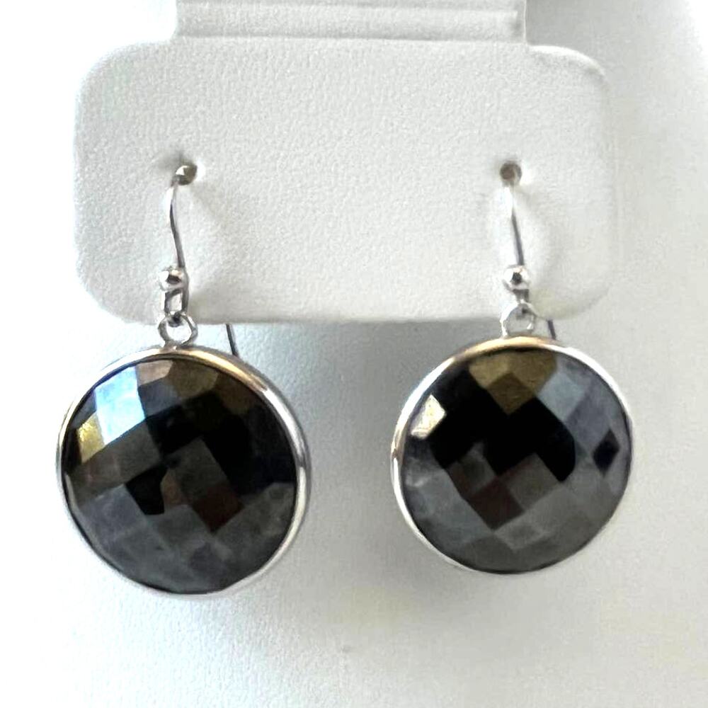 Sterling Silver Faceted Black Tourmaline Hook Earrings FD 925 China Signed